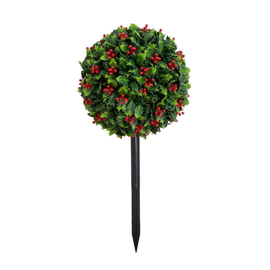 Nearly Natural 2Ft UV Resistant Artificial Holly & Berry Christmas Ball with Integrated Ground Stake in Green/Red | 2 ft | Michaels®